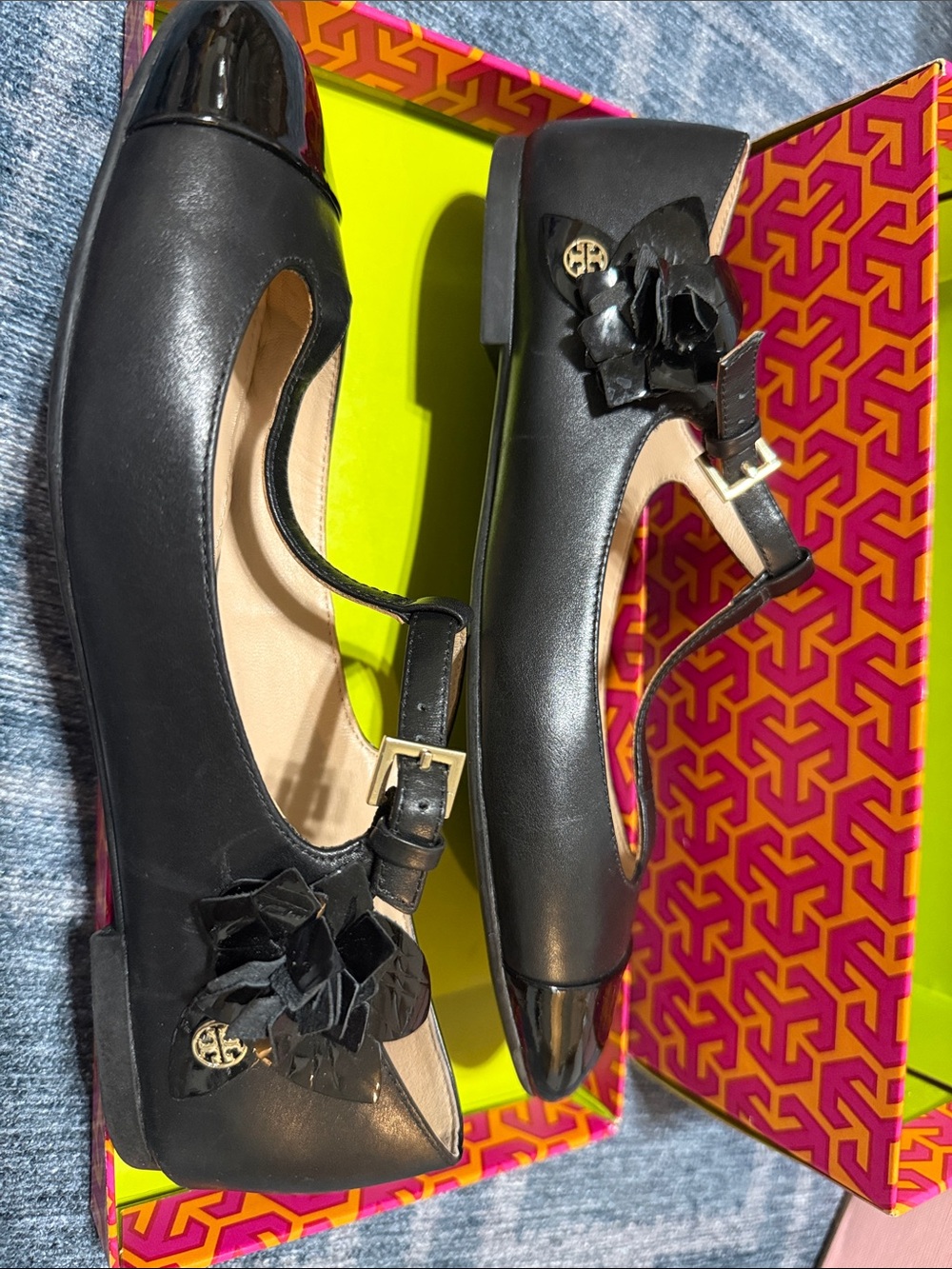 Tory Burch Black Leather Mary Jane Flats with Patent Cap and Floral Accent